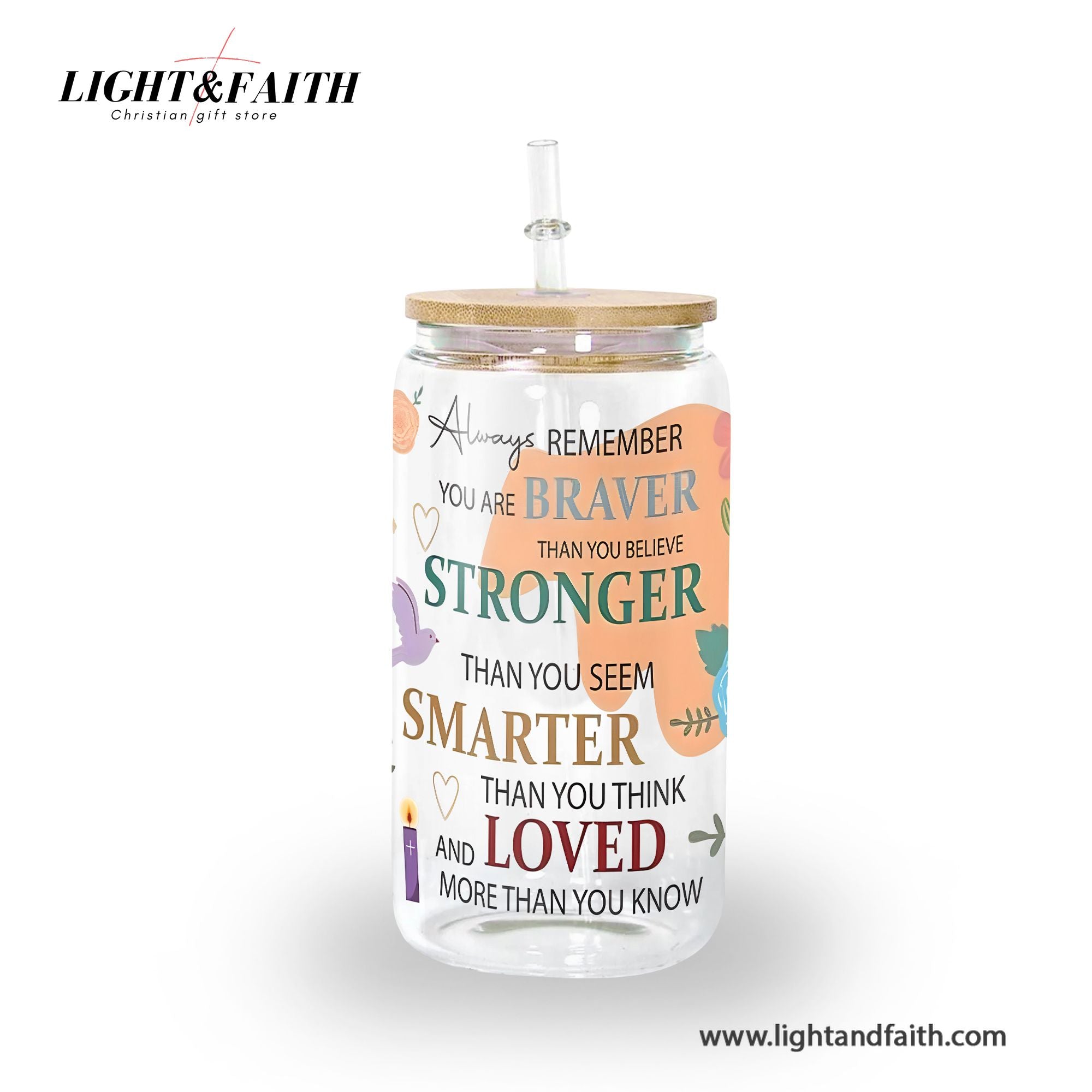 Inspirational Glass Can with Bamboo Lid and Straw, Braver Stronger Smarter Loved Quote Cup, Motivational Iced Coffee Tumbler Gift GCLAF43